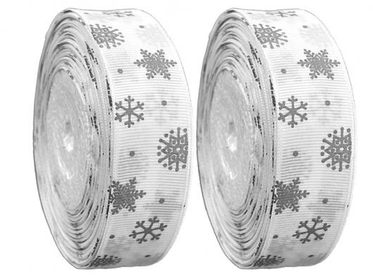 Лента атласная 2,5 см белая с серебряными снежинками, 22м